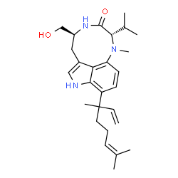 ChemSpider 2D Image | (2S,5S)-9-(3,7-Dimethyl-1,6-octadien-3-yl)-5-(hydroxymethyl)-2-isopropyl-1-methyl-1,2,4,5,6,8-hexahydro-3H-[1,4]diazonino[7,6,5-cd]indol-3-one | C27H39N3O2
