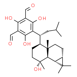 ChemSpider 2D Image | 2,4,6-Trihydroxy-5-{(1R)-1-[(1aS,3aS,4S,7R,7aR,7bS)-7-hydroxy-1,1,3a,7-tetramethyldecahydro-1H-cyclopropa[a]naphthalen-4-yl]-3-methylbutyl}isophthalaldehyde | C28H40O6
