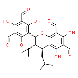 ChemSpider 2D Image | (2R,3S,4S)-2-(3,5-Diformyl-2,4,6-trihydroxyphenyl)-5,7-dihydroxy-4-isobutyl-3-isopropyl-6,8-chromanedicarbaldehyde | C26H28O10