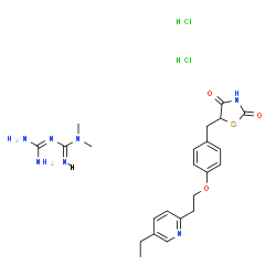 ChemSpider 2D Image | N,N-Dimethylimidodicarbonimidic diamid--5-{4-[2-(5-ethylpyridin-2-yl)ethoxy]benzyl}-1,3-thiazolidin-2,4-dion(1:1)dihydrochlorid | C23H33Cl2N7O3S
