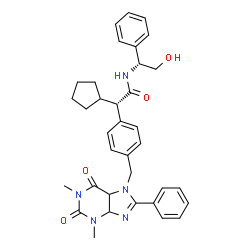 ChemSpider 2D Image | (2S)-2-Cyclopentyl-2-{4-[(1,3-dimethyl-2,6-dioxo-8-phenyl-1,2,3,4,5,6-hexahydro-7H-purin-7-yl)methyl]phenyl}-N-[(1R)-2-hydroxy-1-phenylethyl]acetamide | C35H39N5O4