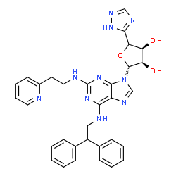 ChemSpider 2D Image | (2R,3R,4S)-2-(6-[(2,2-Diphenylethyl)amino]-2-{[2-(2-pyridinyl)ethyl]amino}-9H-purin-9-yl)-5-(1H-1,2,4-triazol-5-yl)tetrahydro-3,4-furandiol | C32H32N10O3