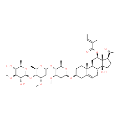 ChemSpider 2D Image | (3beta,12beta,14beta)-3-{[6-Deoxy-3-O-methyl-beta-D-glucopyranosyl-(1->4)-2,6-dideoxy-3-O-methyl-D-ribo-hexopyranosyl-(1->4)-2,6-dideoxy-3-O-methyl-beta-D-ribo-hexopyranosyl]oxy}-14-hydroxy-20-oxopreg
n-5-en-12-yl (2E)-2-methyl-2-butenoate | C47H74O15