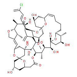 ChemSpider 2D Image | (1R,3S,5R,6Z,10S,11R,14S,16S,18S,20S,22R,23Z,28R,29R,30S,32R,33S,34R,36R,37R,38R,42R,44S,47S,51R)-36-[(4S,5E)-7-Chloro-4-hydroxy-2-methylene-5,7-octadien-1-yl]-3,20,30,32,33,37,44-heptahydroxy-16-meth
oxy-3,11,29,47,51-pentamethyl-9,35,39,46,48,49,50,52-octaoxaoctacyclo[40.3.1.1~1,5~.1~7,10~.1~14,18~.1~18,22~.1~28,32~.1~34,38~]dopentaconta-6,23-diene-12,40-dione | C59H89ClO19