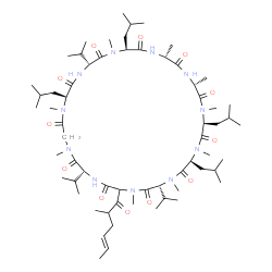 ChemSpider 2D Image | (3R,6S,9S,12R,15R,18S,21R,24S,30R)-6,9,18,24-Tetraisobutyl-3,21,30-triisopropyl-1,4,7,10,12,15,19,25,28-nonamethyl-33-[(4E)-2-methyl-4-hexenoyl]-1,4,7,10,13,16,19,22,25,28,31-undecaazacyclotritriacont
ane-2,5,8,11,14,17,20,23,26,29,32-undecone | C63H111N11O12