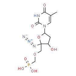 ChemSpider 2D Image | ({[2-Azido-3-hydroxy-5-(5-methyl-2,4-dioxo-3,4-dihydro-1(2H)-pyrimidinyl)tetrahydro-2-furanyl]methoxy}methyl)phosphonic acid | C11H16N5O8P