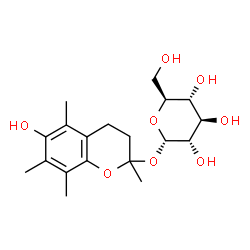 ChemSpider 2D Image | 6-Hydroxy-2,5,7,8-tetramethyl-3,4-dihydro-2H-chromen-2-yl alpha-L-glucopyranoside | C19H28O8