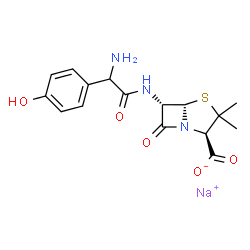 ChemSpider 2D Image | Sodium (2R,5S,6S)-6-{[amino(4-hydroxyphenyl)acetyl]amino}-3,3-dimethyl-7-oxo-4-thia-1-azabicyclo[3.2.0]heptane-2-carboxylate | C16H18N3NaO5S