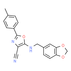 ChemSpider 2D Image | 5-[(Benzo[1,3]dioxol-5-ylmethyl)-amino]-2-p-tolyl-oxazole-4-carbonitrile | C19H15N3O3