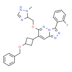 ChemSpider 2D Image | 7-[3-(Benzyloxy)cyclobutyl]-3-(2-fluorophenyl)-6-[(2-methyl-2,3-dihydro-1H-1,2,4-triazol-3-yl)methoxy][1,2,4]triazolo[4,3-b]pyridazine | C26H26FN7O2