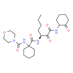 ChemSpider 2D Image | N-[1-({(3S)-1,2-Dioxo-1-[(2-oxocyclohexyl)amino]-3-heptanyl}carbamoyl)cyclohexyl]-4-morpholinecarboxamide | C25H40N4O6