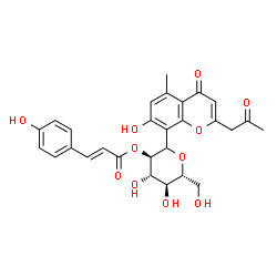 ChemSpider 2D Image | (1xi)-1,5-Anhydro-1-[7-hydroxy-5-methyl-4-oxo-2-(2-oxopropyl)-4H-chromen-8-yl]-2-O-[(2E)-3-(4-hydroxyphenyl)-2-propenoyl]-D-glucitol | C28H28O11