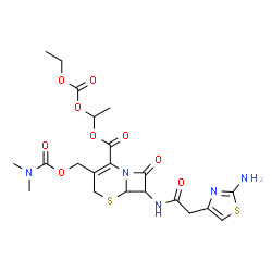 ChemSpider 2D Image | 1-[(Ethoxycarbonyl)oxy]ethyl 7-{[(2-amino-1,3-thiazol-4-yl)acetyl]amino}-3-{[(dimethylcarbamoyl)oxy]methyl}-8-oxo-5-thia-1-azabicyclo[4.2.0]oct-2-ene-2-carboxylate | C21H27N5O9S2