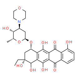 ChemSpider 2D Image | (1S,3R)-3-Ethyl-3,4,5,10,12-pentahydroxy-6,11-dioxo-1,2,3,4,6,11-hexahydro-1-tetracenyl 2,3,6-trideoxy-3-(4-morpholinyl)-alpha-D-xylo-hexopyranoside | C30H35NO11