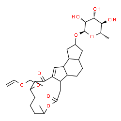 ChemSpider 2D Image | 9,14-Dimethyl-7,15-dioxo-13-[(vinyloxy)methoxy]-2,3,3a,4,5,5a,5b,6,7,9,10,11,12,13,14,15,16a,16b-octadecahydro-1H-as-indaceno[3,2-d]oxacyclododecin-2-yl 6-deoxy-alpha-L-mannopyranoside | C32H48O10