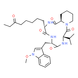 ChemSpider 2D Image | (3S,6S,9S,15aR)-9-Isopropyl-6-[(1-methoxy-1H-indol-3-yl)methyl]-3-(6-oxooctyl)octahydro-2H-pyrido[1,2-a][1,4,7,10]tetraazacyclododecine-1,4,7,10(3H,12H)-tetrone | C33H47N5O6
