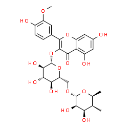 ChemSpider 2D Image | 5,7-Dihydroxy-2-(4-hydroxy-3-methoxyphenyl)-4-oxo-4H-chromen-3-yl 6-O-(4,6-dideoxy-4-methyl-alpha-L-mannopyranosyl)-beta-D-glucopyranoside | C29H34O15