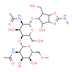 ChemSpider 2D Image | 4-Hydroxy-6-(hydroxymethyl)-2-(methylamino)-4,5,6,6a-tetrahydro-3aH-cyclopenta[d][1,3]oxazol-5-yl 2-acetamido-4-O-(2-acetamido-2-deoxy-6-O-methyl-beta-D-allopyranosyl)-2-deoxy-beta-D-allopyranoside | C25H42N4O14