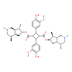 ChemSpider 2D Image | Bis[(4R,4aS,6R,7S,7aR)-2,4,7-trimethyloctahydro-1H-cyclopenta[c]pyridin-6-yl] 2,4-bis(4-hydroxy-3-methoxyphenyl)-1,3-cyclobutanedicarboxylate | C42H58N2O8