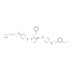 ChemSpider 2D Image | (2xi)-3-({[(4-{[3-(Aminomethyl)benzyl]carbamoyl}-1-piperazinyl)carbonyl]oxy}methyl)-2-O-benzyl-3,4-dideoxy-1-O-[(4-{[3-(1H-imidazol-1-yl)propyl]carbamoyl}-1-piperidinyl)carbonyl]-alpha-L-glycero-pento
pyranose | C40H54N8O8