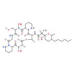 ChemSpider 2D Image | N-[6,18-Dihydroxy-7-(methoxymethyl)-19,22-dimethyl-5,8,11,17,20,24-hexaoxodocosahydro-13H,22H-dipyridazino[6,1-f:6',1'-o][1,4,7,10,13,16]oxapentaazacyclononadecin-23-yl]-2-(5-hexyl-2-hydroxy-6-methylt
etrahydro-2H-pyran-2-yl)-2-hydroxypropanamide | C38H64N8O14