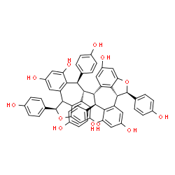 ChemSpider 2D Image | (1R,1'R,6S,6'S,7R,7'R,11bR)-1,1',7,7'-Tetrakis(4-hydroxyphenyl)-1,1',6,6',7,7',11b,11b'-octahydro-6,6'-bi-2-oxadibenzo[cd,h]azulene-4,4',8,8',10,10'-hexol | C56H42O12