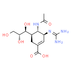 ChemSpider 2D Image | (3S,4S,5R)-4-Acetamido-3-[(diaminomethylene)amino]-5-[(1S,2R)-1,2,3-trihydroxypropyl]-1-cyclohexene-1-carboxylic acid | C13H22N4O6