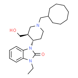 ChemSpider 2D Image | 1-[(3S,4S)-1-(Cyclooctylmethyl)-3-(hydroxymethyl)-4-piperidinyl]-3-ethyl-1,3-dihydro-2H-benzimidazol-2-one | C24H37N3O2