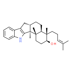 ChemSpider 2D Image | (3S,4S,4aR,6aS,12bS,12cS)-4,12b,12c-Trimethyl-4-(4-methyl-3-penten-1-yl)-1,2,3,4,4a,5,6,6a,7,12,12b,12c-dodecahydrobenzo[6,7]indeno[1,2-b]indol-3-ol | C28H39NO