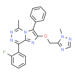 ChemSpider 2D Image | 8-(2-Fluorophenyl)-5-methyl-2-[(1-methyl-1H-1,2,4-triazol-5-yl)methoxy]-3-phenylimidazo[1,2-d][1,2,4]triazine | C22H18FN7O