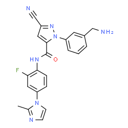 ChemSpider 2D Image | 1-[3-(Aminomethyl)phenyl]-3-cyano-N-[2-fluoro-4-(2-methyl-1H-imidazol-1-yl)phenyl]-1H-pyrazole-5-carboxamide | C22H18FN7O
