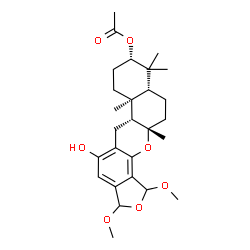 ChemSpider 2D Image | (6aR,6bS,9S,10aR,12aS)-5-Hydroxy-1,3-dimethoxy-6b,10,10,12a-tetramethyl-3,6,6a,6b,7,8,9,10,10a,11,12,12a-dodecahydro-1H-benzo[a]furo[3,4-h]xanthen-9-yl acetate | C27H38O7