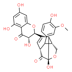 ChemSpider 2D Image | (1R,3S,6R,7S)-3-Hydroxy-10-(4-hydroxy-3-methoxyphenyl)-8-[(2S,3S)-3,5,7-trihydroxy-4-oxo-3,4-dihydro-2H-chromen-2-yl]-4-oxatricyclo[4.3.1.0~3,7~]dec-8-en-2-one | C25H22O10
