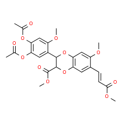 ChemSpider 2D Image | Methyl 3-(4,5-diacetoxy-2-methoxyphenyl)-6-methoxy-7-[(1E)-3-methoxy-3-oxo-1-propen-1-yl]-2,3-dihydro-1,4-benzodioxine-2-carboxylate | C26H26O12