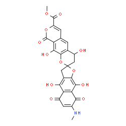 ChemSpider 2D Image | Methyl 4,4',9,10'-tetrahydroxy-7-(methylamino)-5,8,9'-trioxo-4',5,8,9'-tetrahydro-3H,3'H-spiro[naphtho[2,3-b]furan-2,2'-pyrano[4,3-g]chromene]-7'-carboxylate | C26H19NO12