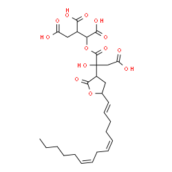 ChemSpider 2D Image | 3-Carboxy-2-O-(3-carboxy-2-hydroxy-2-{2-oxo-5-[(1E,5Z,8Z)-1,5,8-tetradecatrien-1-yl]tetrahydro-3-furanyl}propanoyl)-3,4-dideoxypentaric acid | C28H38O13