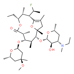 ChemSpider 2D Image | (2S,3R,4R,7R,8S,9S,10R,11R)-4-Ethyl-10-({(2S,3R,4S,6R)-4-[ethyl(methyl)amino]-3-hydroxy-6-methyltetrahydro-2H-pyran-2-yl}oxy)-2-[(1S)-1-fluoroethyl]-8-{[(2S,4S,6S)-4-methoxy-4,6-dimethyltetrahydro-2H-
pyran-2-yl]oxy}-3,7,9,11,13-pentamethyl-5,14-dioxabicyclo[9.2.1]tetradec-1(13)-en-6-one | C38H66FNO9
