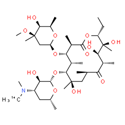 ChemSpider 2D Image | (3R,4S,5S,6R,7R,9R,11S,12R,13S,14R)-14-Ethyl-7,12,13-trihydroxy-4-{[(2R,4R,5S,6R)-5-hydroxy-4-methoxy-4,6-dimethyltetrahydro-2H-pyran-2-yl]oxy}-6-{[(2S,3R,4S,6R)-3-hydroxy-6-methyl-4-{methyl[(~14~C)me
thyl]amino}tetrahydro-2H-pyran-2-yl]oxy}-3,5,7,9,11,13-hexamethyloxacyclotetradecane-2,10-dione | C3614CH67NO13