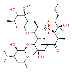 ChemSpider 2D Image | (3R,4S,5S,6R,7R,9R,11R,12R,13S,14R)-6-{[(2S,3R,4S,6R)-4-(Dimethylamino)-3-hydroxy-6-methyltetrahydro-2H-pyran-2-yl]oxy}-7,12,13-trihydroxy-4-{[(2R,4R,5S,6S)-5-hydroxy-4-methoxy-4,6-dimethyltetrahydro-
2H-pyran-2-yl]oxy}-3,5,7,9,11,13-hexamethyl-14-propyloxacyclotetradecane-2,10-dione | C38H69NO13