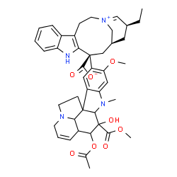 ChemSpider 2D Image | (13S,15S,17S)-13-[4-Acetoxy-5-hydroxy-8-methoxy-5-(methoxycarbonyl)-6-methyl-3a,4,5,5a,6,11,12,13a-octahydro-1H-indolizino[8,1-cd]carbazol-9-yl]-17-ethyl-11-aza-1-azoniatetracyclo[13.3.1.0~4,12~.0~5,1
0~]nonadeca-1(18),4(12),5,7,9-pentaene-13-carboxylate | C43H50N4O8