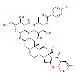 ChemSpider 2D Image | (2S,4aR,4bS,6aR,6bR,7S,8S,9R,11aS,11bR)-6a-Formyl-9-hydroxy-4a,7-dimethyl-8-(2-methyl-1-propen-1-yl)-1,2,3,4,4a,4b,5,6,6a,6b,7,8,9,10a,11,11a,11b,12-octadecahydronaphtho[2',1':4,5]indeno[2,1-b]pyran-2
-yl 2-O-[6-deoxy-4-O-(4-hydroxybenzoyl)-alpha-L-mannopyranosyl]-beta-D-glucopyranoside | C46H64O15