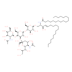 ChemSpider 2D Image | (2S,3R,4E)-3-Hydroxy-2-(stearoylamino)-4-octadecen-1-yl 2-acetamido-2-deoxy-beta-D-galactopyranosyl-(1->4)-[(6R)-5-acetamido-3,5-dideoxy-6-[(1R,2R)-1,2,3-trihydroxypropyl]-beta-L-threo-hex-2-ulopyrano
nosyl-(2->3)]-beta-D-galactopyranosyl-(1->4)-beta-D-glucopyranoside | C67H121N3O26