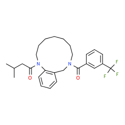 ChemSpider 2D Image | 3-Methyl-1-{9-[3-(trifluoromethyl)benzoyl]-3,4,5,6,7,8,9,10-octahydro-1,9-benzodiazacyclododecin-1(2H)-yl}-1-butanone | C27H33F3N2O2