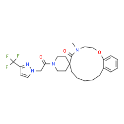 ChemSpider 2D Image | 4-Methyl-1'-{[3-(trifluoromethyl)-1H-pyrazol-1-yl]acetyl}-3,4,8,9,10,11-hexahydro-7H-spiro[1,4-benzoxazacyclotridecine-6,4'-piperidin]-5(2H)-one | C26H33F3N4O3