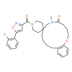 ChemSpider 2D Image | 1'-{[5-(2-Chlorophenyl)-1,2-oxazol-3-yl]carbonyl}-6-methyl-3,4,6,7,9,10,11,12-octahydrospiro[1,6-benzoxazacyclotetradecine-8,4'-piperidin]-5(2H)-one | C31H36ClN3O4