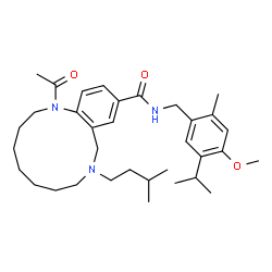ChemSpider 2D Image | 1-Acetyl-N-(5-isopropyl-4-methoxy-2-methylbenzyl)-9-(3-methylbutyl)-1,2,3,4,5,6,7,8,9,10-decahydro-1,9-benzodiazacyclododecine-12-carboxamide | C34H51N3O3