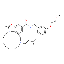 ChemSpider 2D Image | 1-Acetyl-N-[3-(2-methoxyethoxy)benzyl]-9-(3-methylbutyl)-1,2,3,4,5,6,7,8,9,10-decahydro-1,9-benzodiazacyclododecine-12-carboxamide | C32H47N3O4