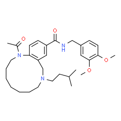 ChemSpider 2D Image | 1-Acetyl-N-(3,4-dimethoxybenzyl)-9-(3-methylbutyl)-1,2,3,4,5,6,7,8,9,10-decahydro-1,9-benzodiazacyclododecine-12-carboxamide | C31H45N3O4