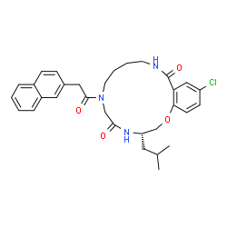 ChemSpider 2D Image | (3S)-15-Chloro-3-isobutyl-7-(2-naphthylacetyl)-3,4,7,8,9,10,11,12-octahydro-1,4,7,12-benzoxatriazacyclopentadecine-5,13(2H,6H)-dione | C31H36ClN3O4