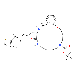ChemSpider 2D Image | 2-Methyl-2-propanyl (12S)-10,13-dimethyl-12-(3-{methyl[(4-methyl-1,3-thiazol-5-yl)carbonyl]amino}propyl)-11,14-dioxo-3,4,7,8,9,10,11,12,13,14-decahydro-2H-1,5,10,13-benzoxatriazacyclohexadecine-5(6H)-
carboxylate | C32H47N5O6S